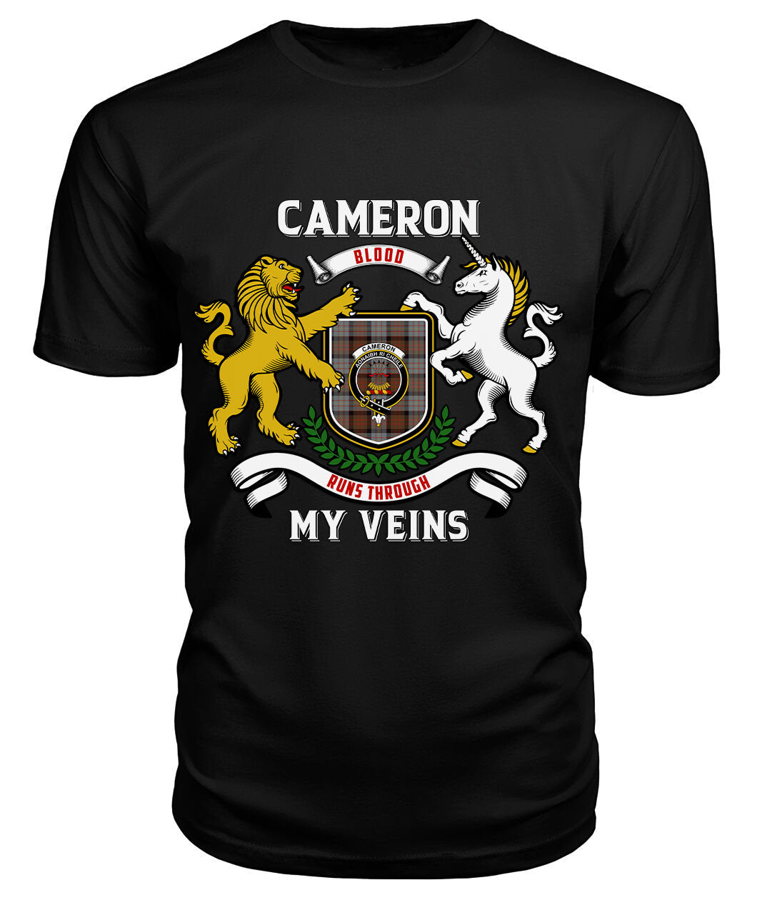 Cameron of Erracht Weathered Tartan Crest 2D T-shirt - Blood Runs Through My Veins Style