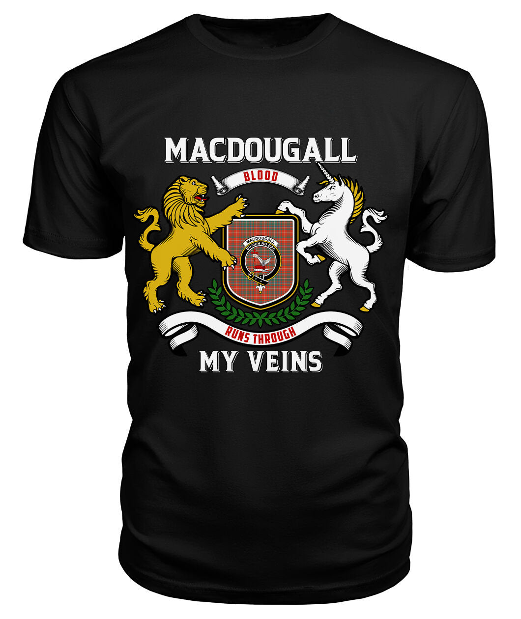 MacDougall Ancient Tartan Crest 2D T-shirt - Blood Runs Through My Veins Style