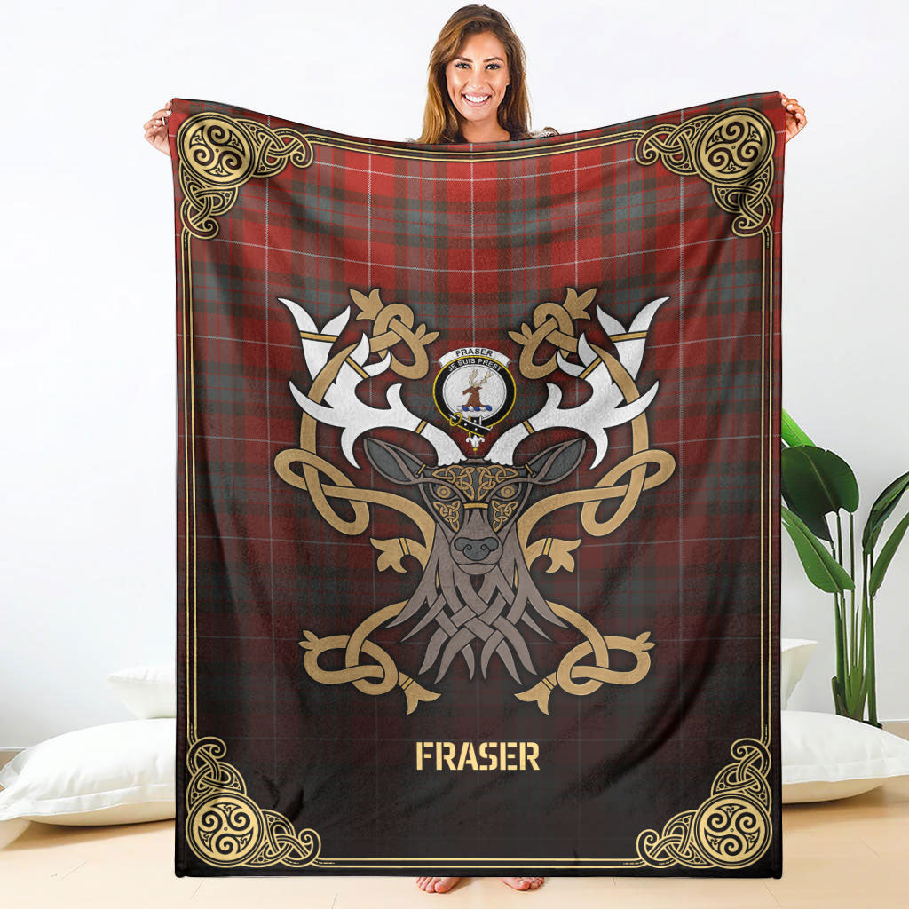 Fraser (of Lovat) Weathered Tartan Crest Premium Blanket - Celtic Stag style