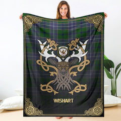 Wishart Hunting Tartan Crest Premium Blanket - Celtic Stag style