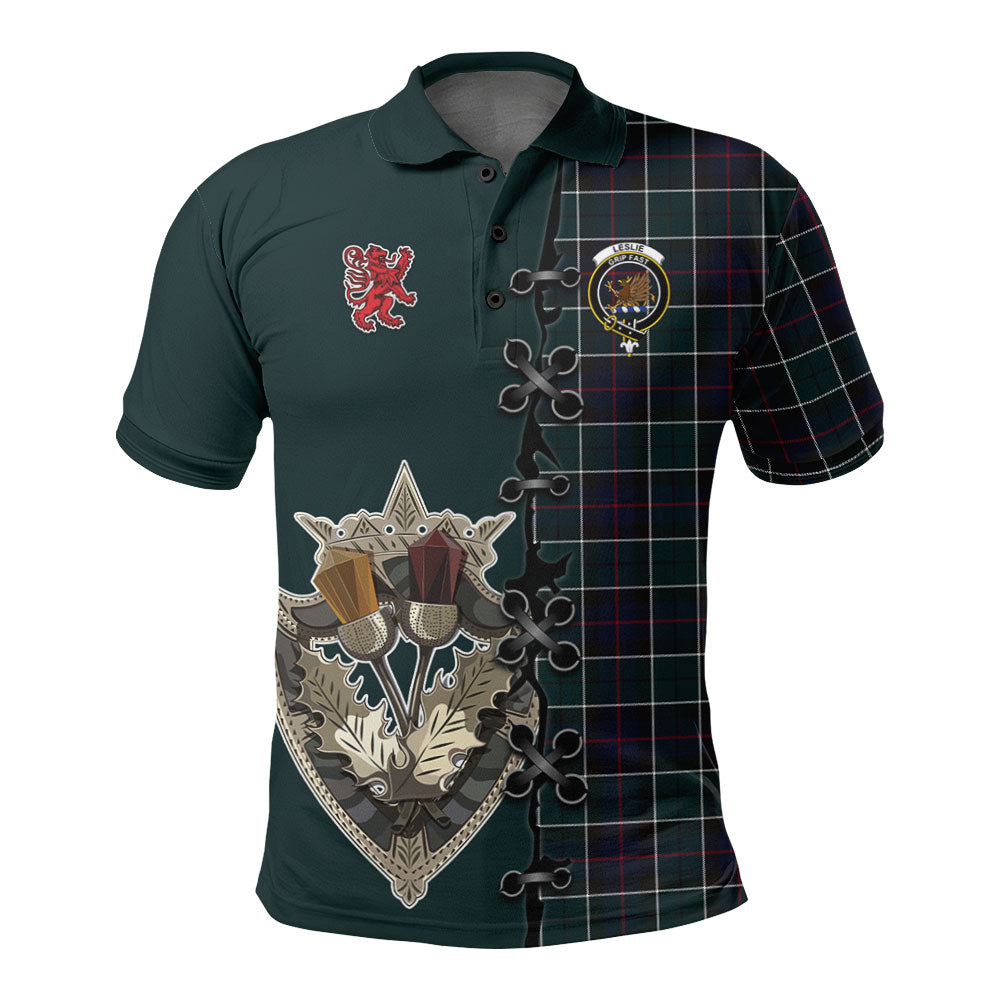 Leslie Hunting Modern Tartan Polo Shirt - Lion Rampant And Celtic Thistle Style