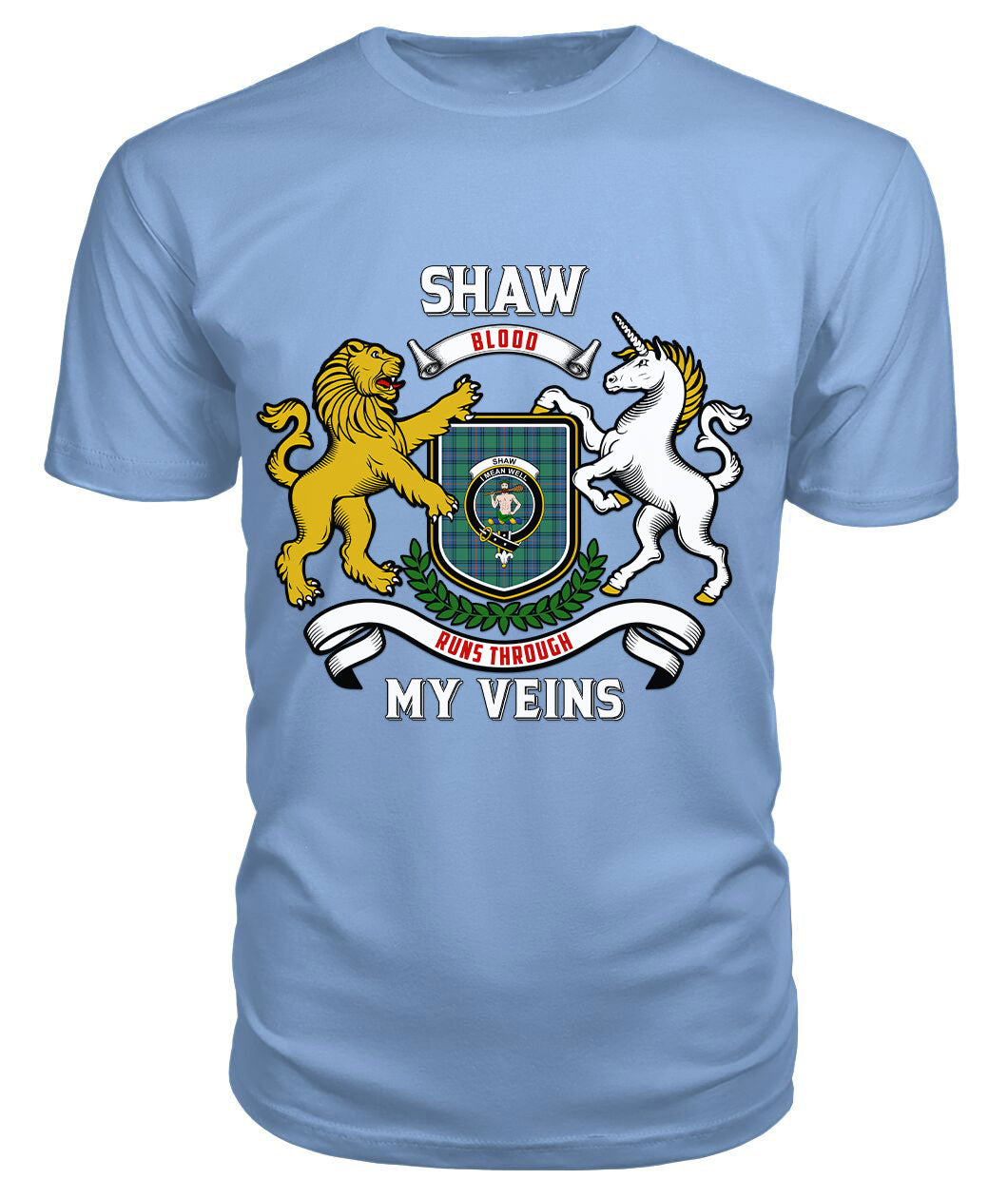 Shaw (of Sauchie) Tartan Crest 2D T-shirt - Blood Runs Through My Veins Style