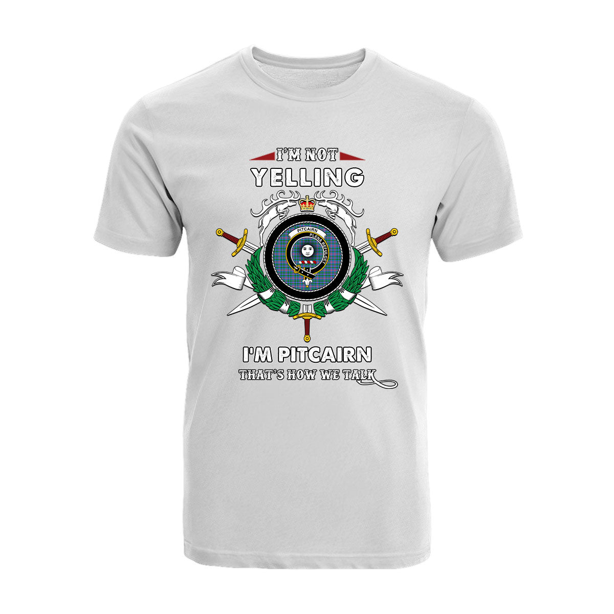 Pitcairn Tartan Crest T-shirt - I'm not yelling style