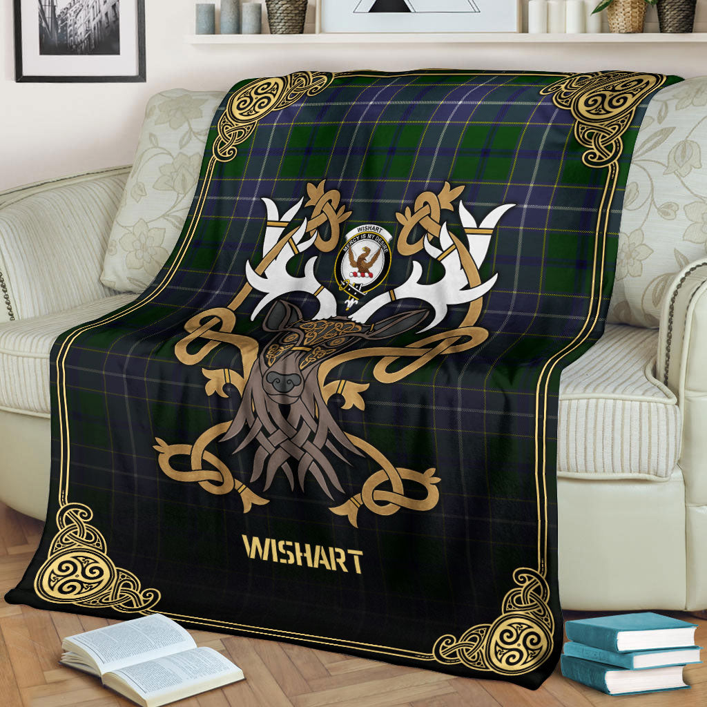 Wishart Hunting Tartan Crest Premium Blanket - Celtic Stag style