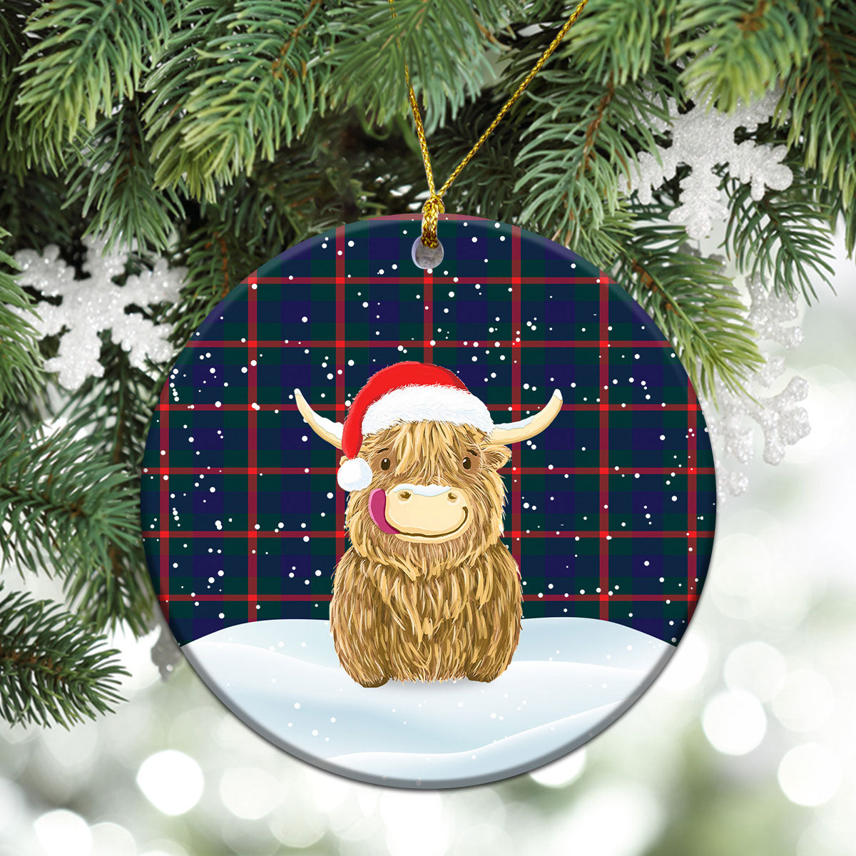 Agnew Modern Tartan Christmas Ceramic Ornament - Highland Cows Style