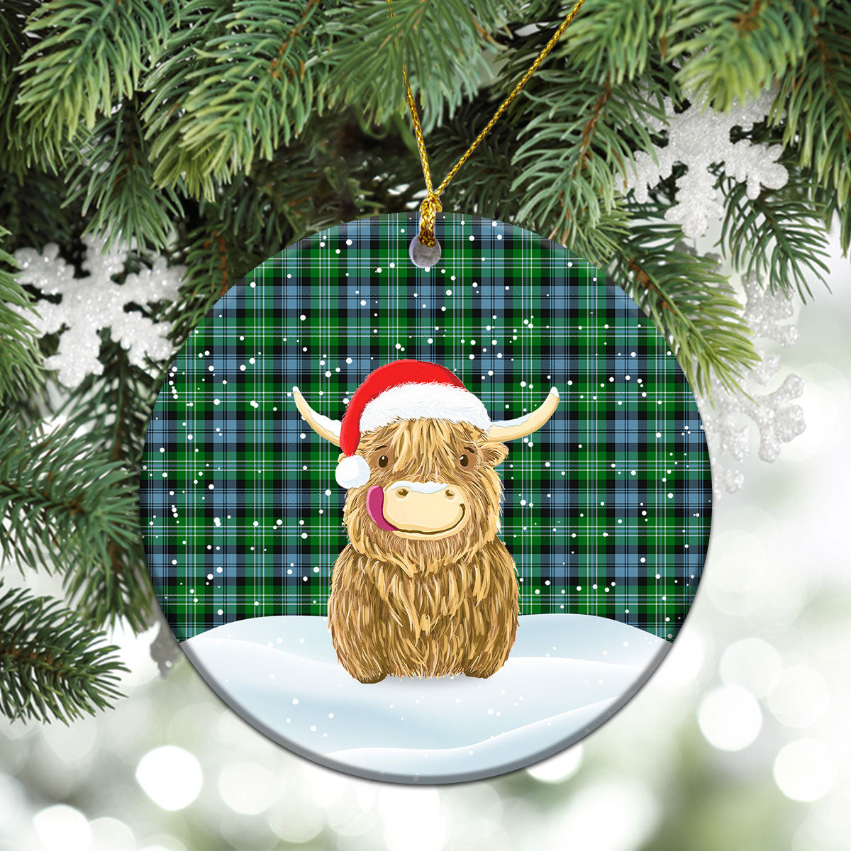 Arbuthnot Ancient Tartan Christmas Ceramic Ornament - Highland Cows Style