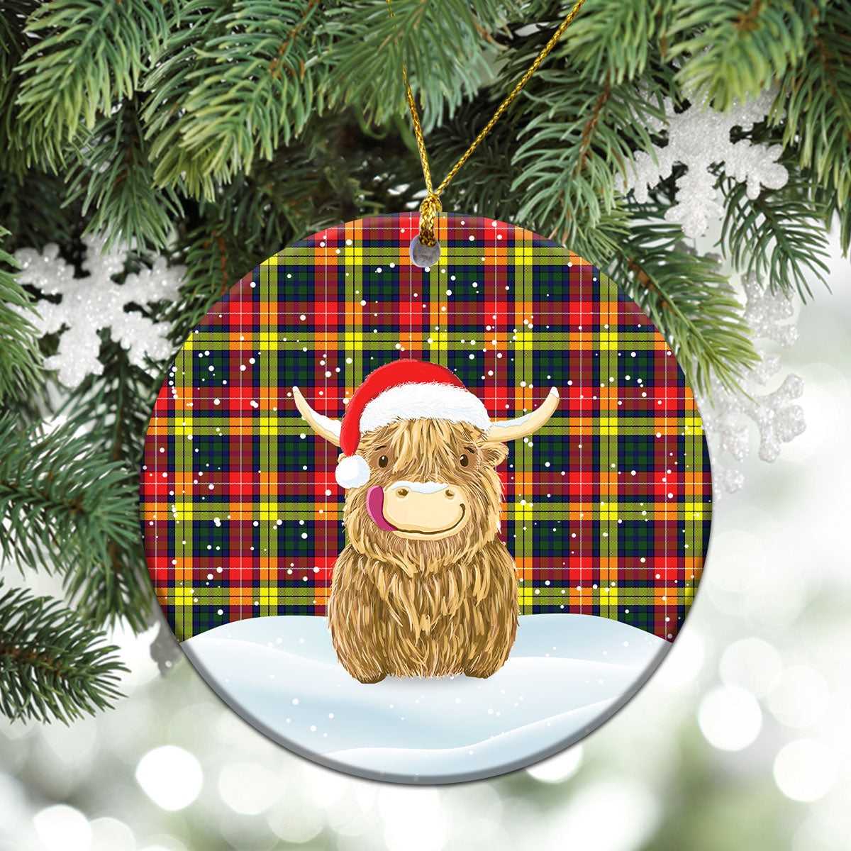 Dewar Tartan Christmas Ceramic Ornament - Highland Cows Style