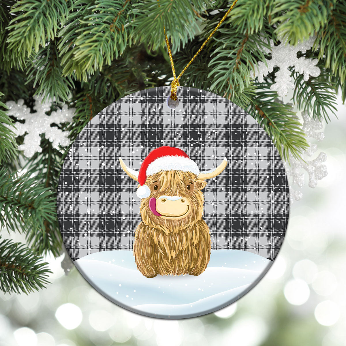 Glendinning Tartan Christmas Ceramic Ornament - Highland Cows Style
