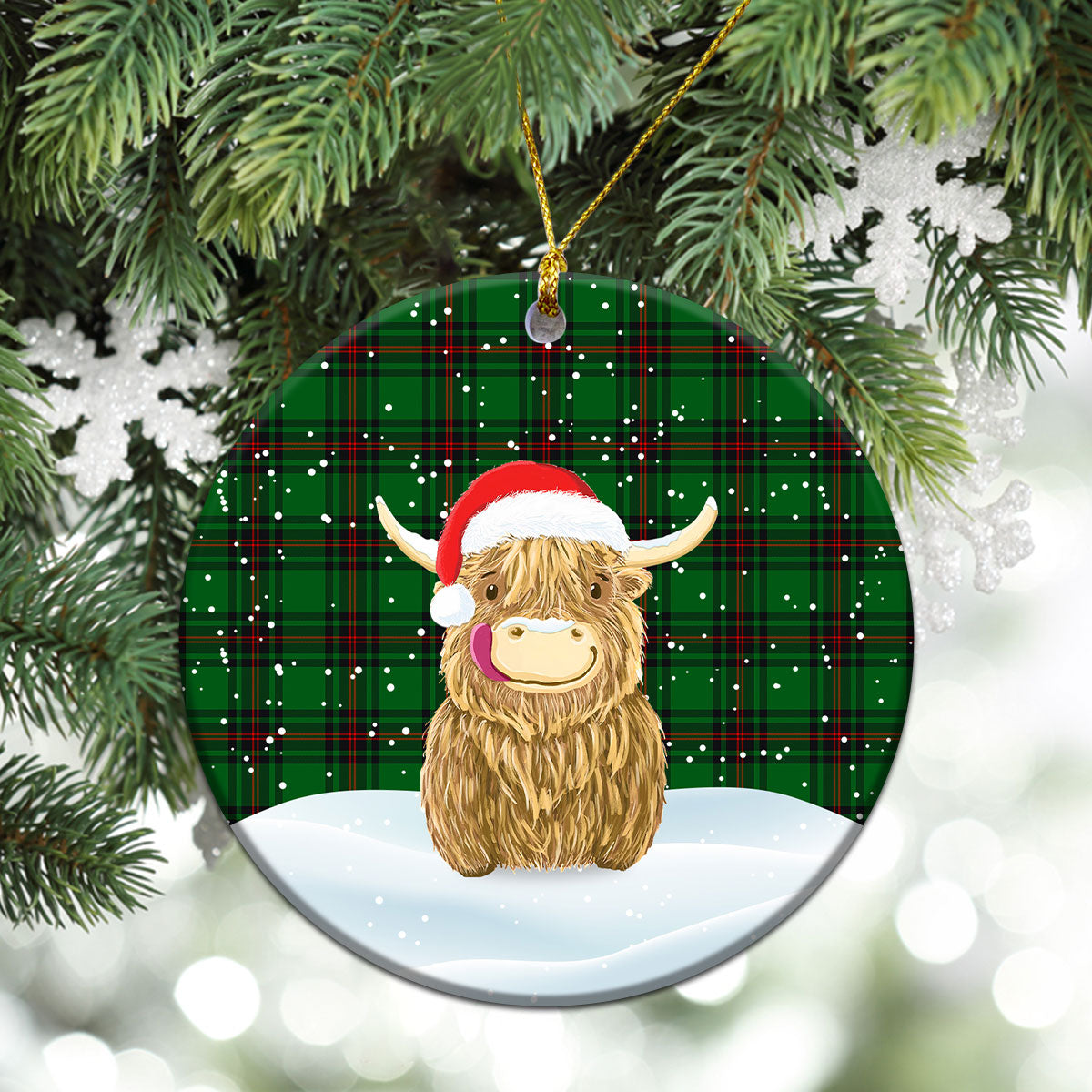 Halkerston Tartan Christmas Ceramic Ornament - Highland Cows Style