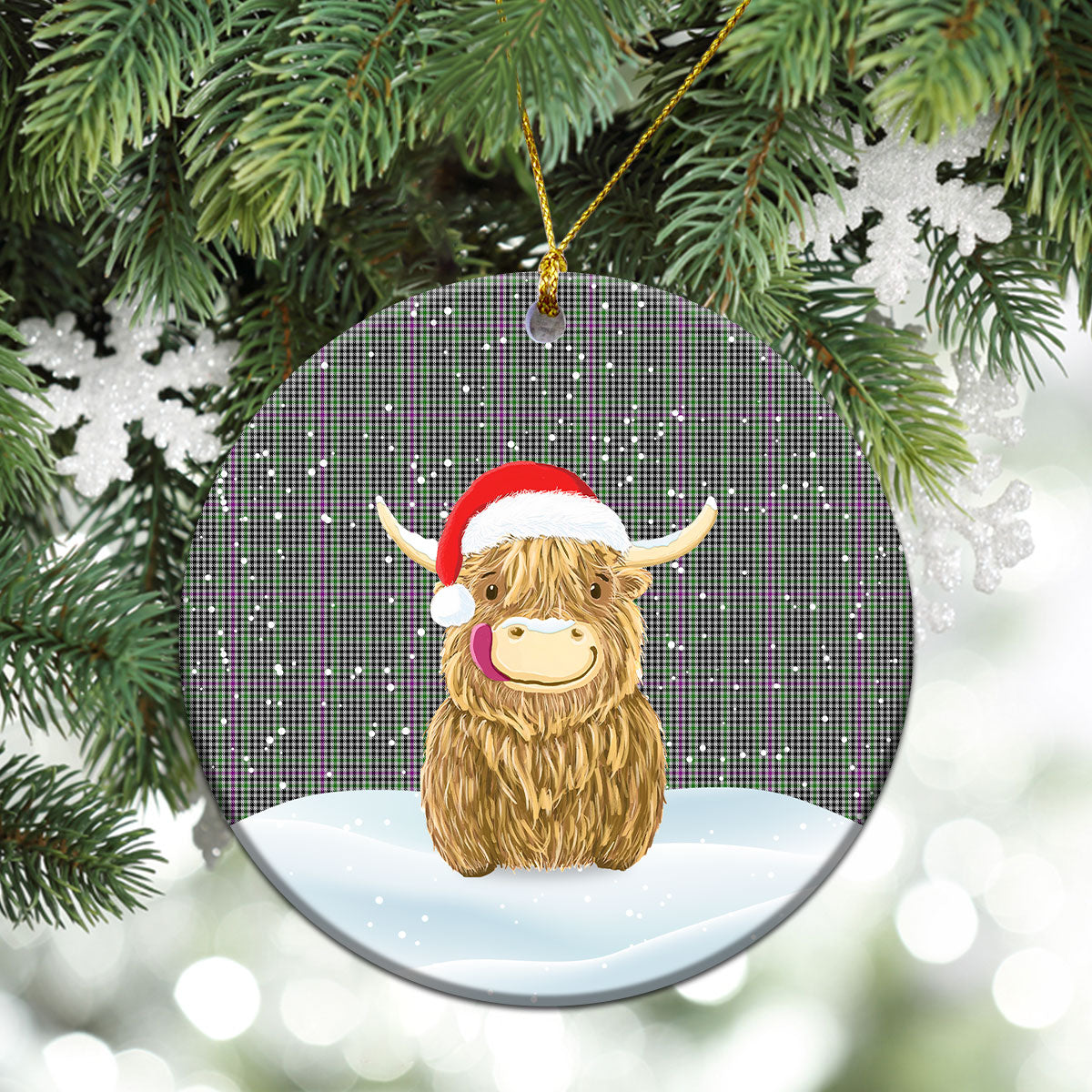 Halliday Tartan Christmas Ceramic Ornament - Highland Cows Style