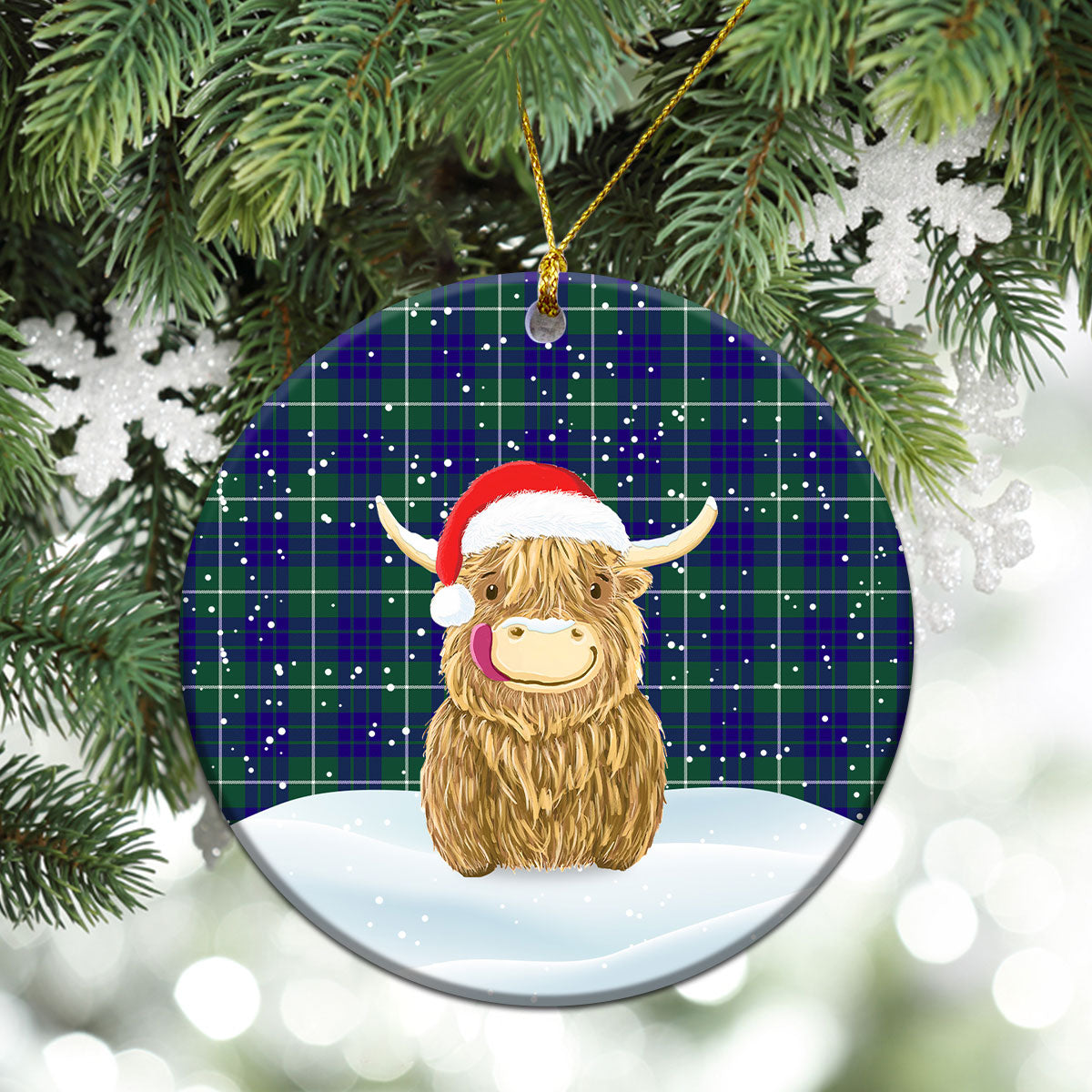 Hamilton Hunting Modern Tartan Christmas Ceramic Ornament - Highland Cows Style