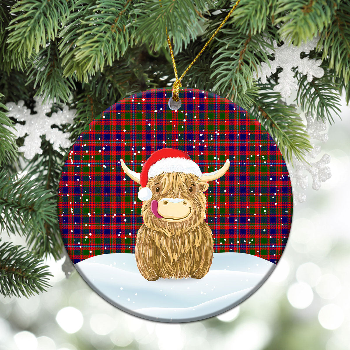MacIntyre Modern Tartan Christmas Ceramic Ornament - Highland Cows Style