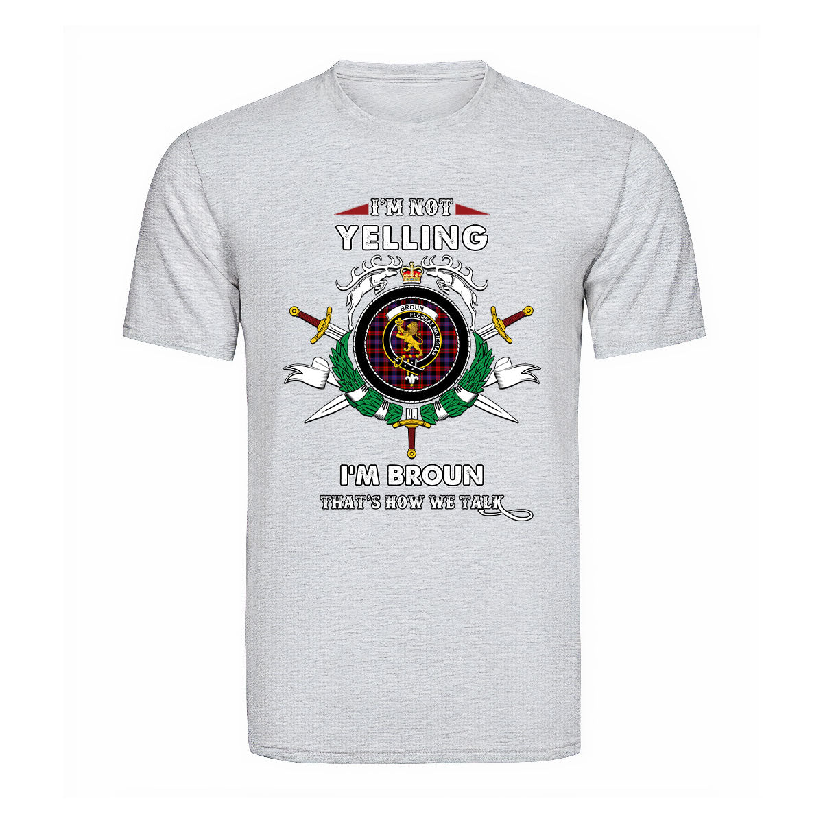 Broun Tartan Crest T-shirt - I'm not yelling style