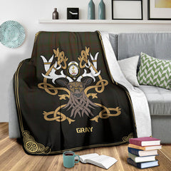 Gray Tartan Crest Premium Blanket - Celtic Stag style