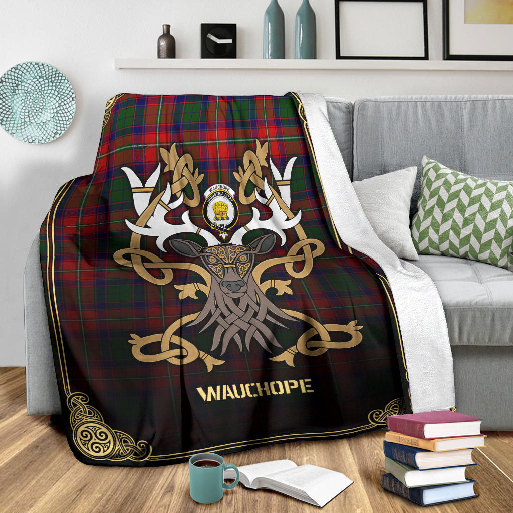 Wauchope (or Waugh) Tartan Crest Premium Blanket - Celtic Stag style