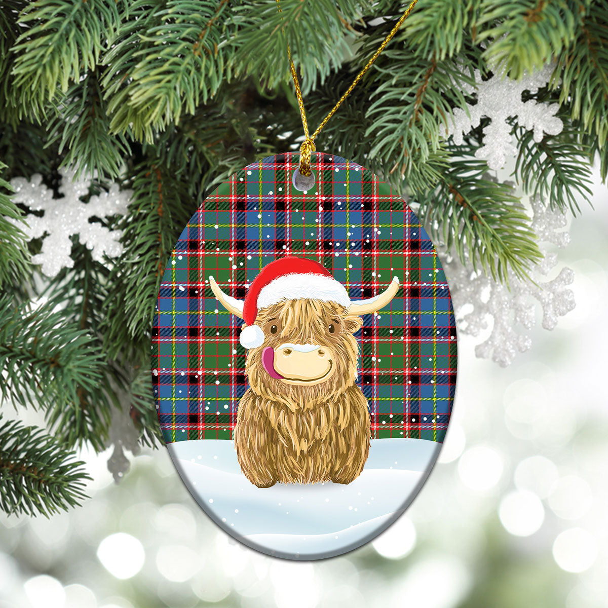 Aikenhead Tartan Christmas Ceramic Ornament - Highland Cows Style