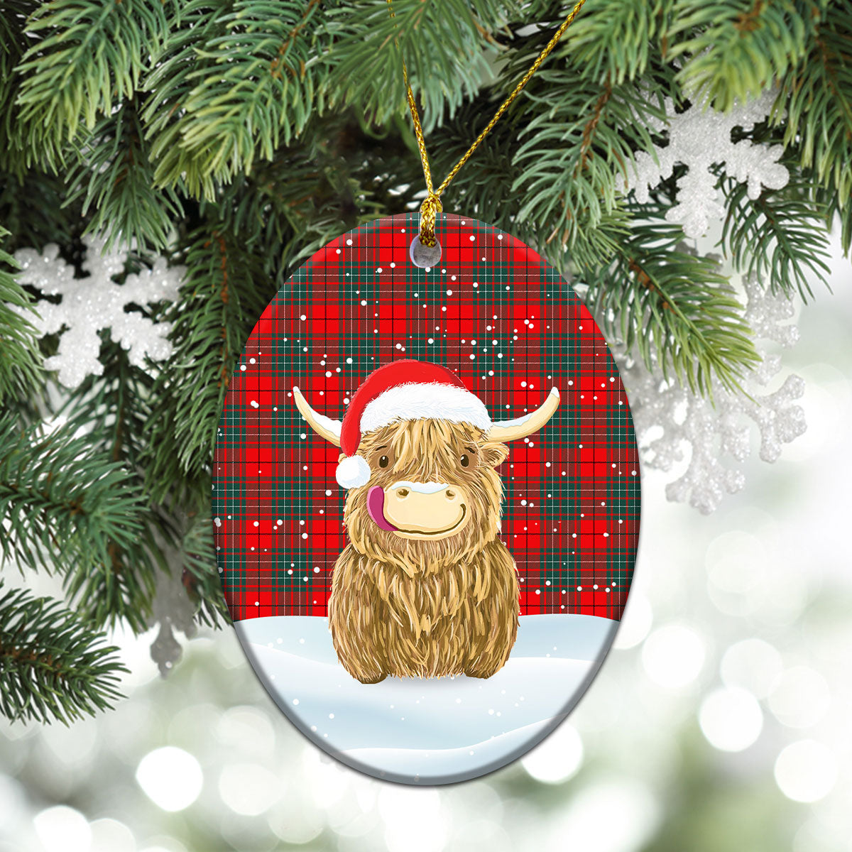 Cheyne Tartan Christmas Ceramic Ornament - Highland Cows Style