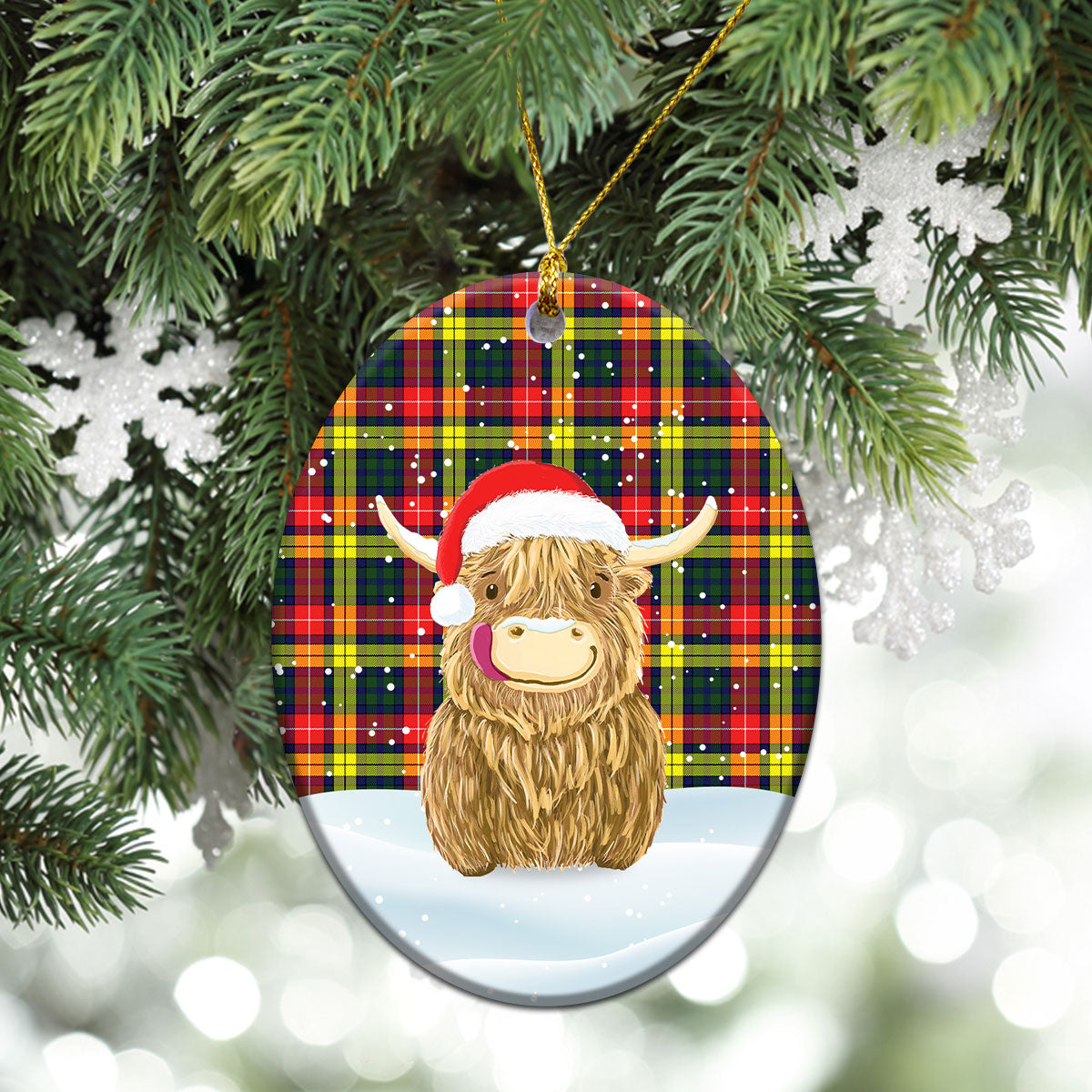 Dewar Tartan Christmas Ceramic Ornament - Highland Cows Style