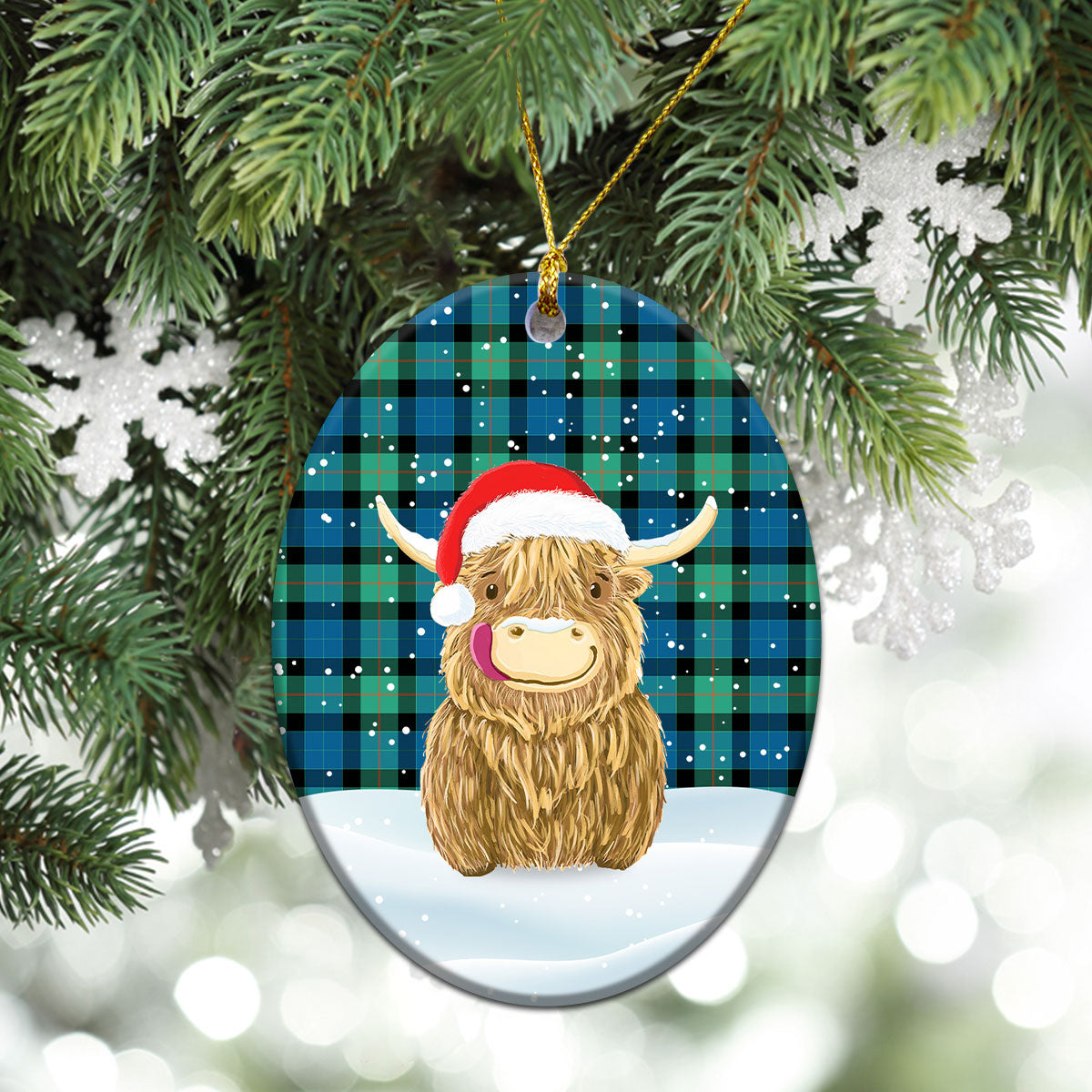 Gunn Ancient Tartan Christmas Ceramic Ornament - Highland Cows Style