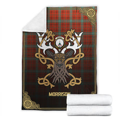 Morrison Red Ancient Tartan Crest Premium Blanket - Celtic Stag style
