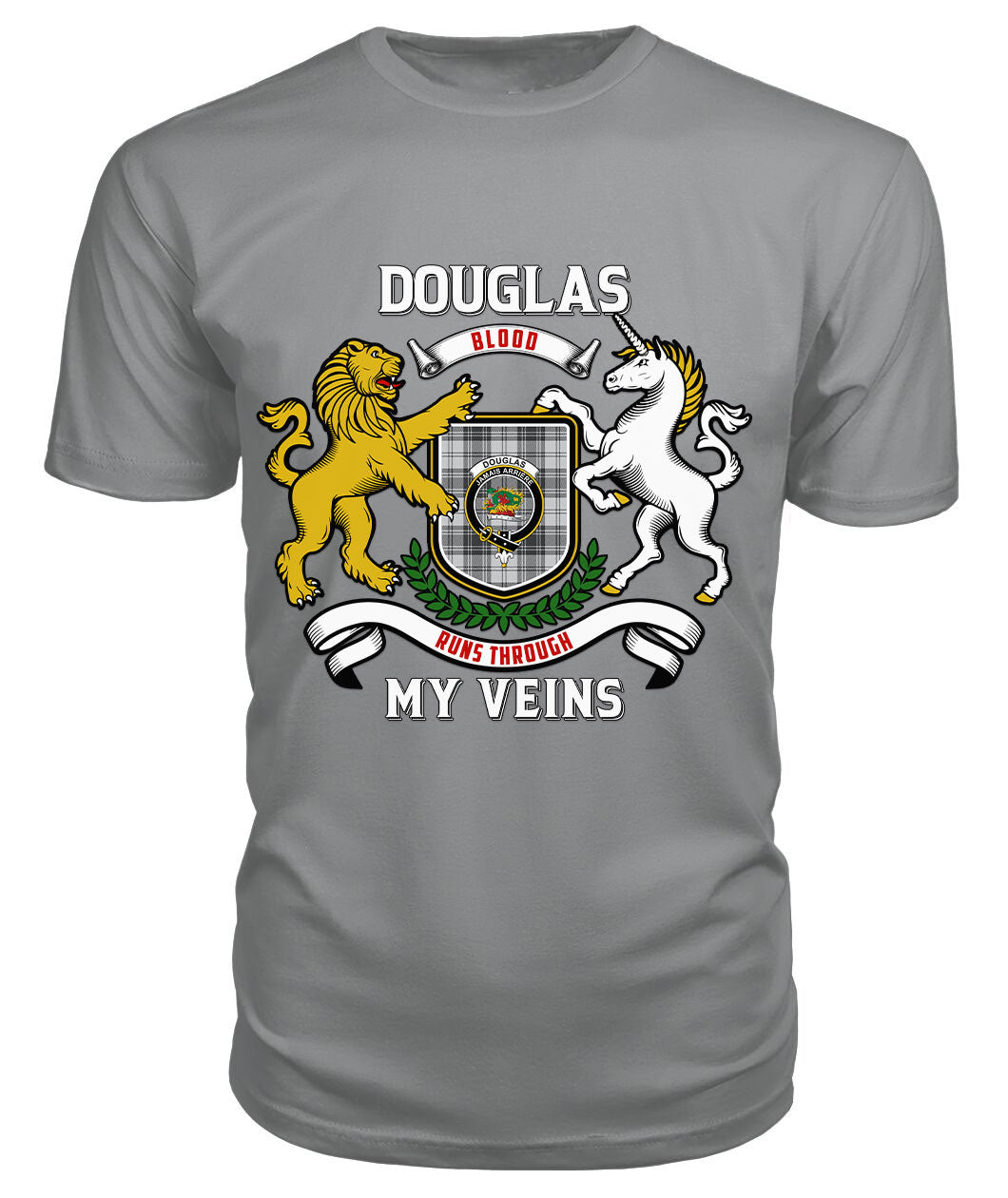 Douglas Grey Modern Tartan Crest 2D T-shirt - Blood Runs Through My Veins Style