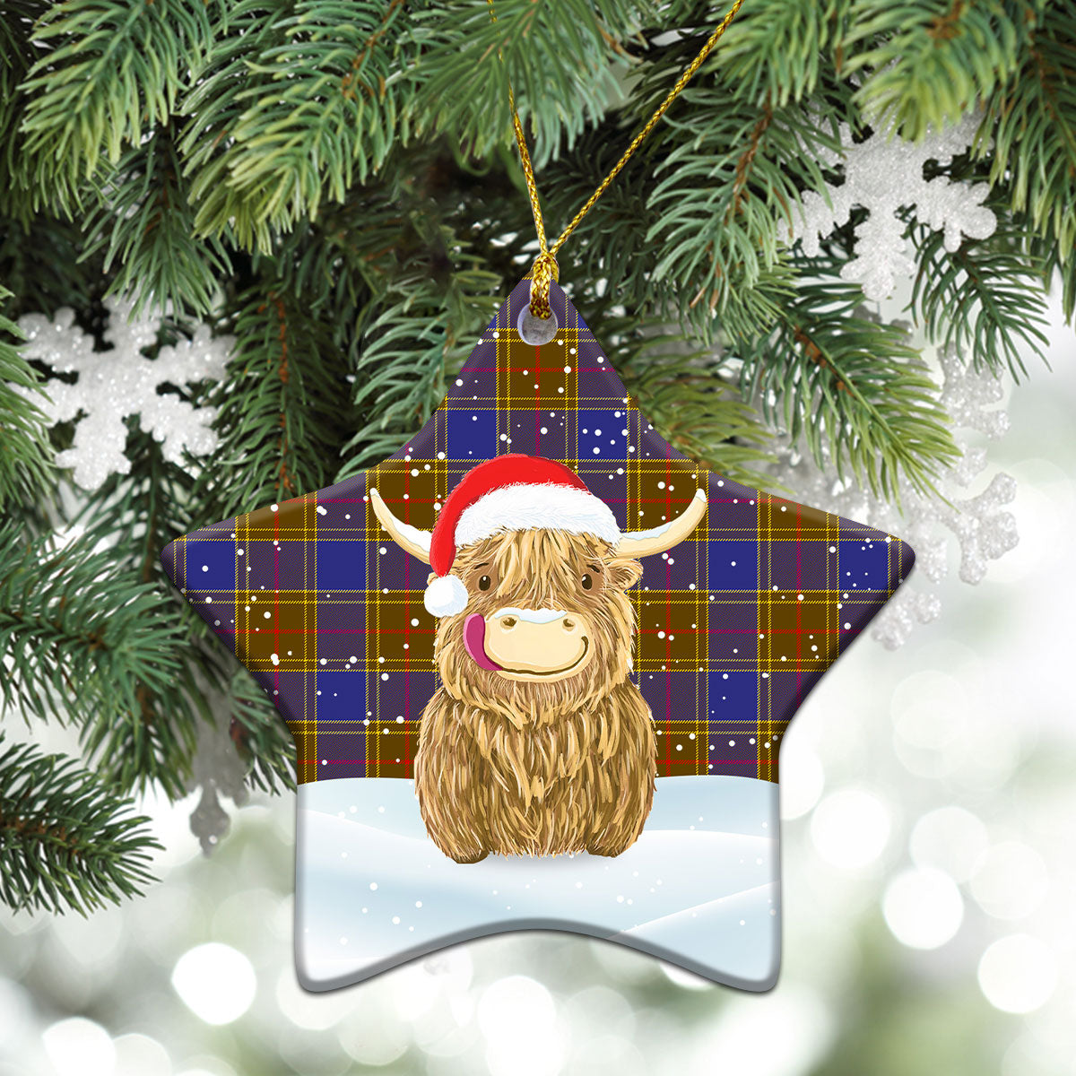 Balfour Modern Tartan Christmas Ceramic Ornament - Highland Cows Style