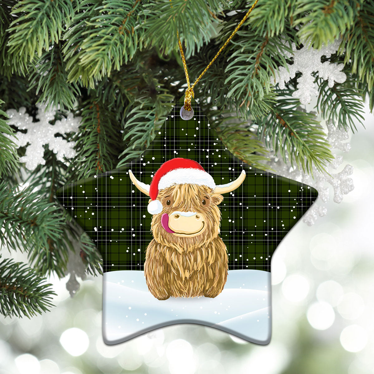 McLean Hunting Tartan Christmas Ceramic Ornament - Highland Cows Style