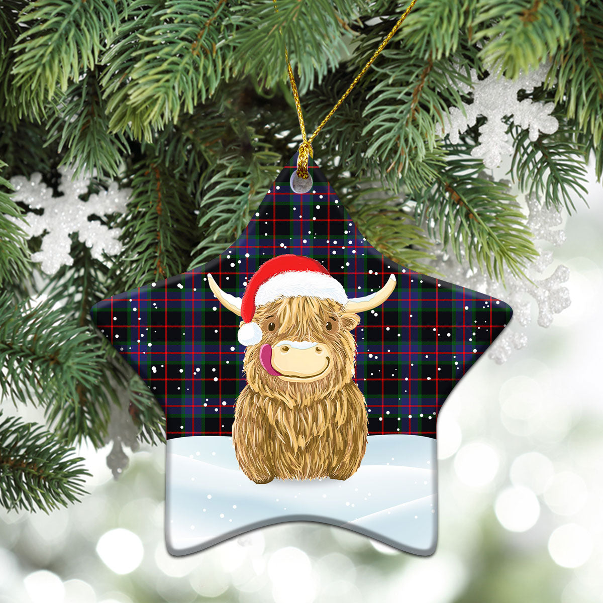 Nairn Tartan Christmas Ceramic Ornament - Highland Cows Style
