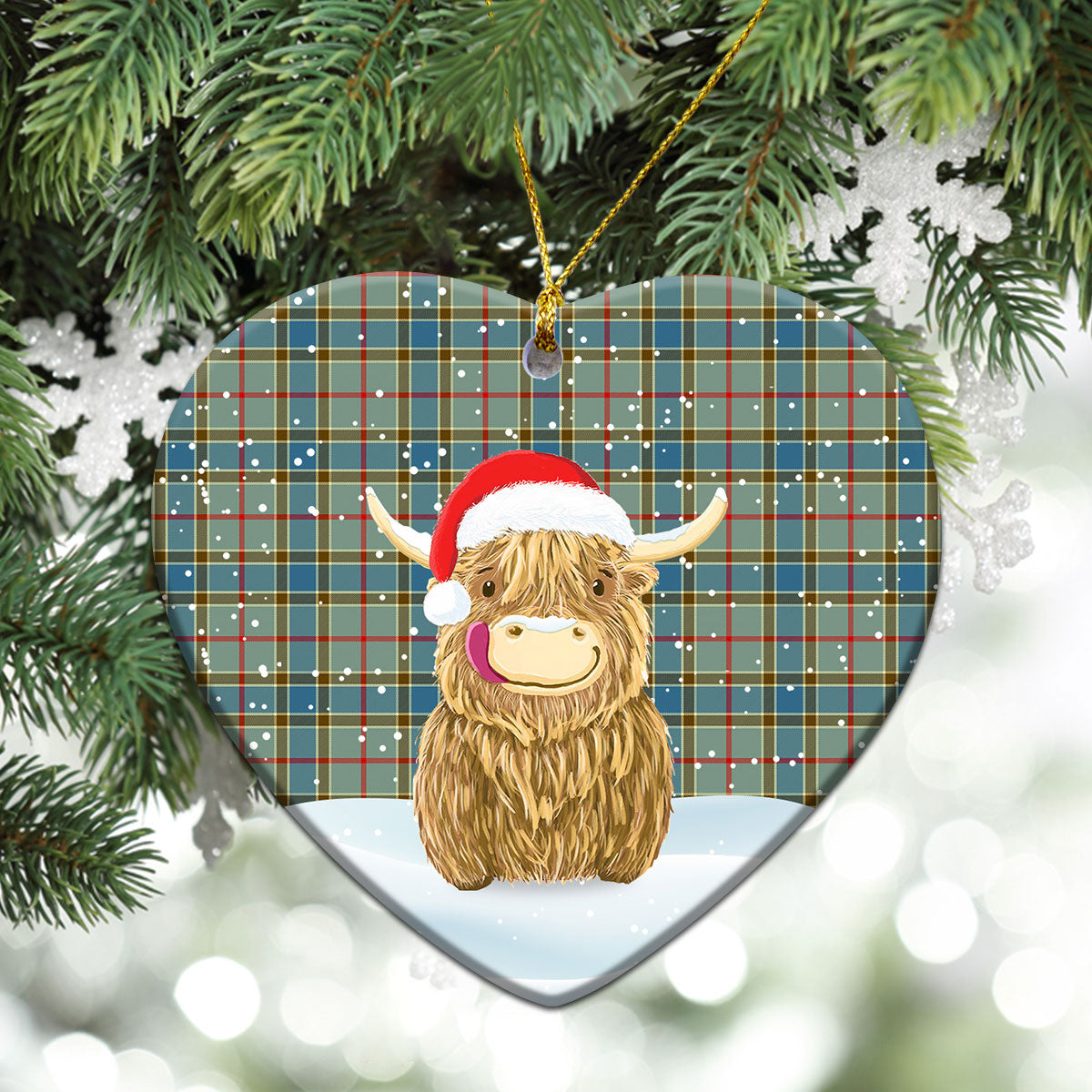 Balfour Blue Tartan Christmas Ceramic Ornament - Highland Cows Style