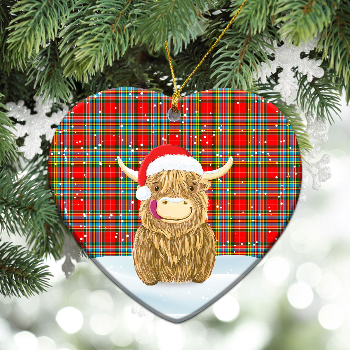 Chattan Tartan Christmas Ceramic Ornament - Highland Cows Style