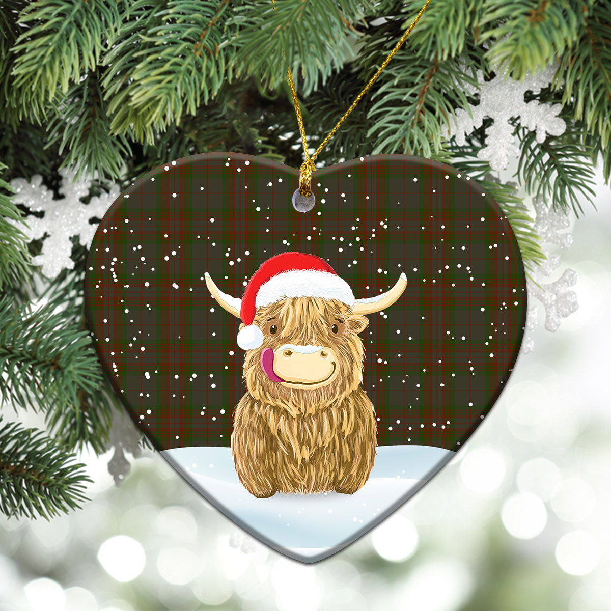 Gray Tartan Christmas Ceramic Ornament - Highland Cows Style