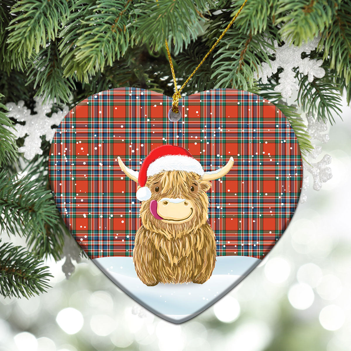 MacFarlane Ancient Tartan Christmas Ceramic Ornament - Highland Cows Style