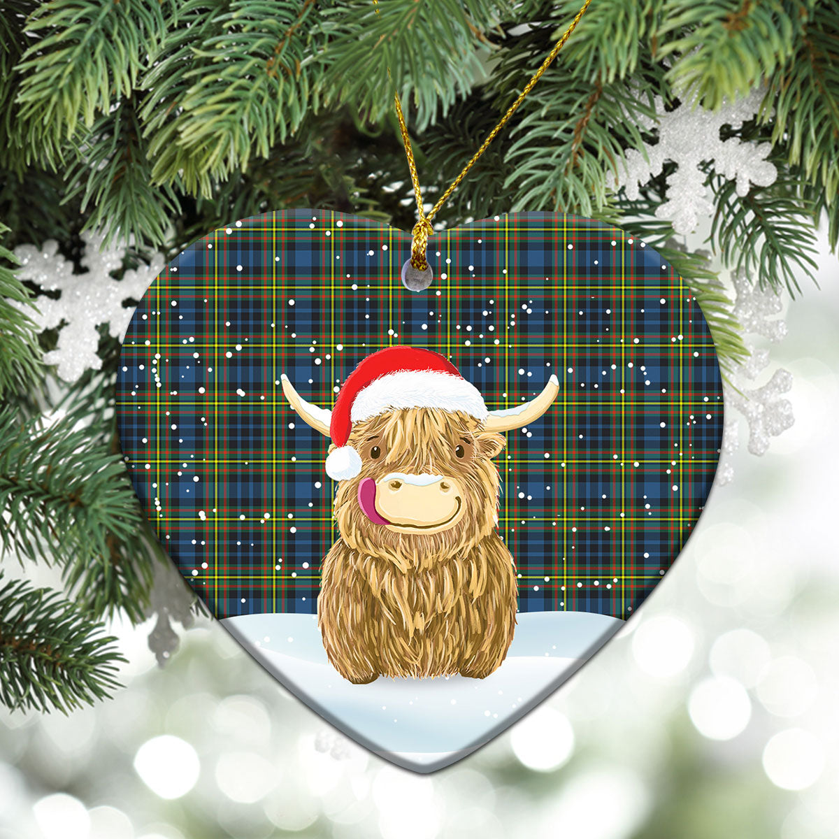MacLellan Ancient Tartan Christmas Ceramic Ornament - Highland Cows Style
