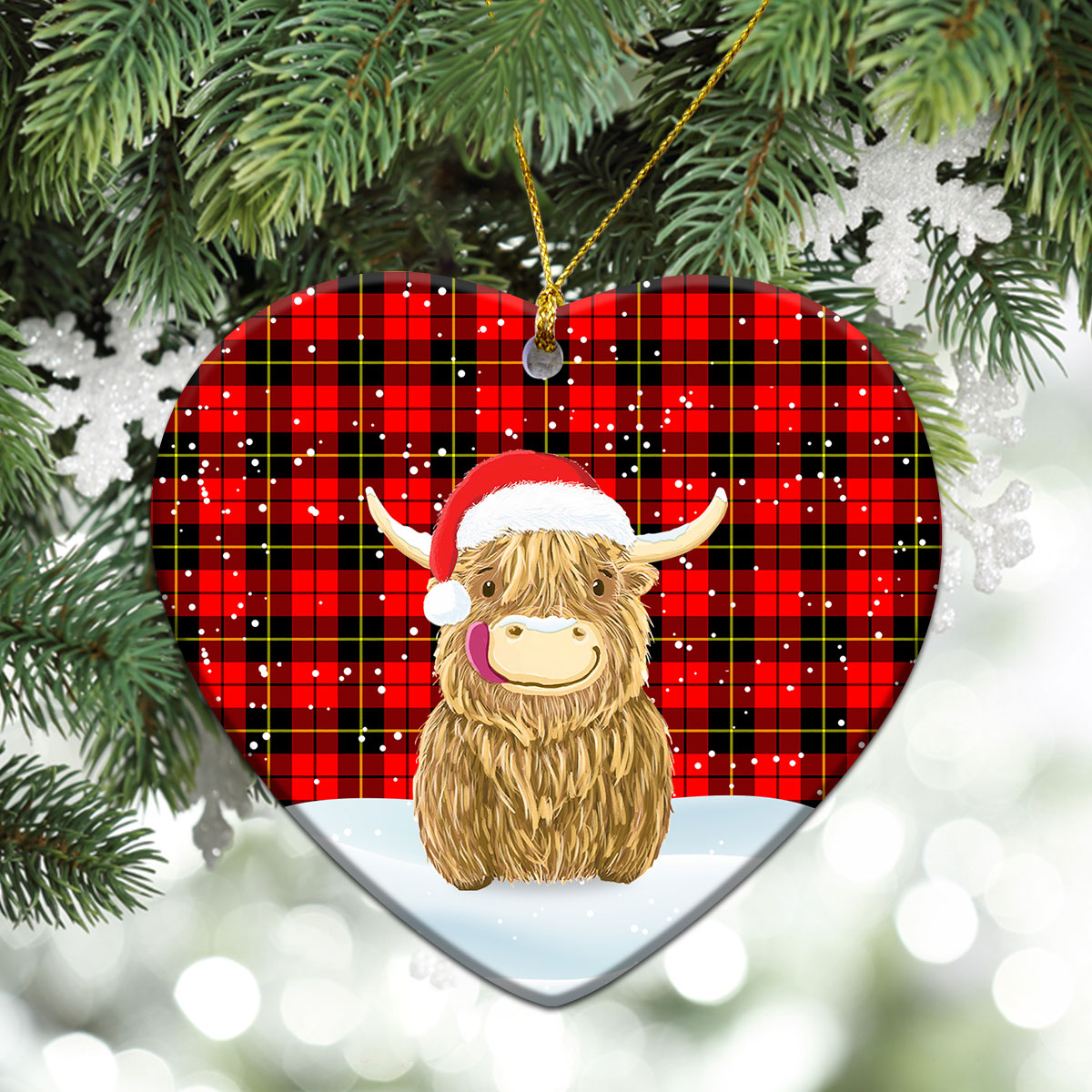 Wallace Hunting Red Tartan Christmas Ceramic Ornament - Highland Cows Style