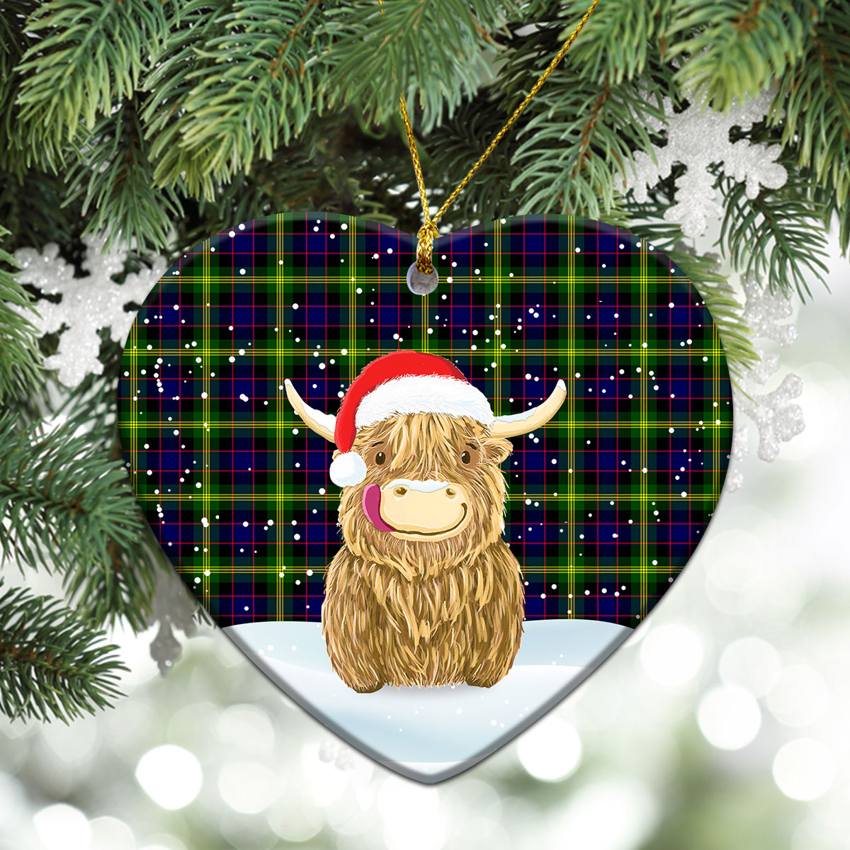 Watson Modern Tartan Christmas Ceramic Ornament - Highland Cows Style