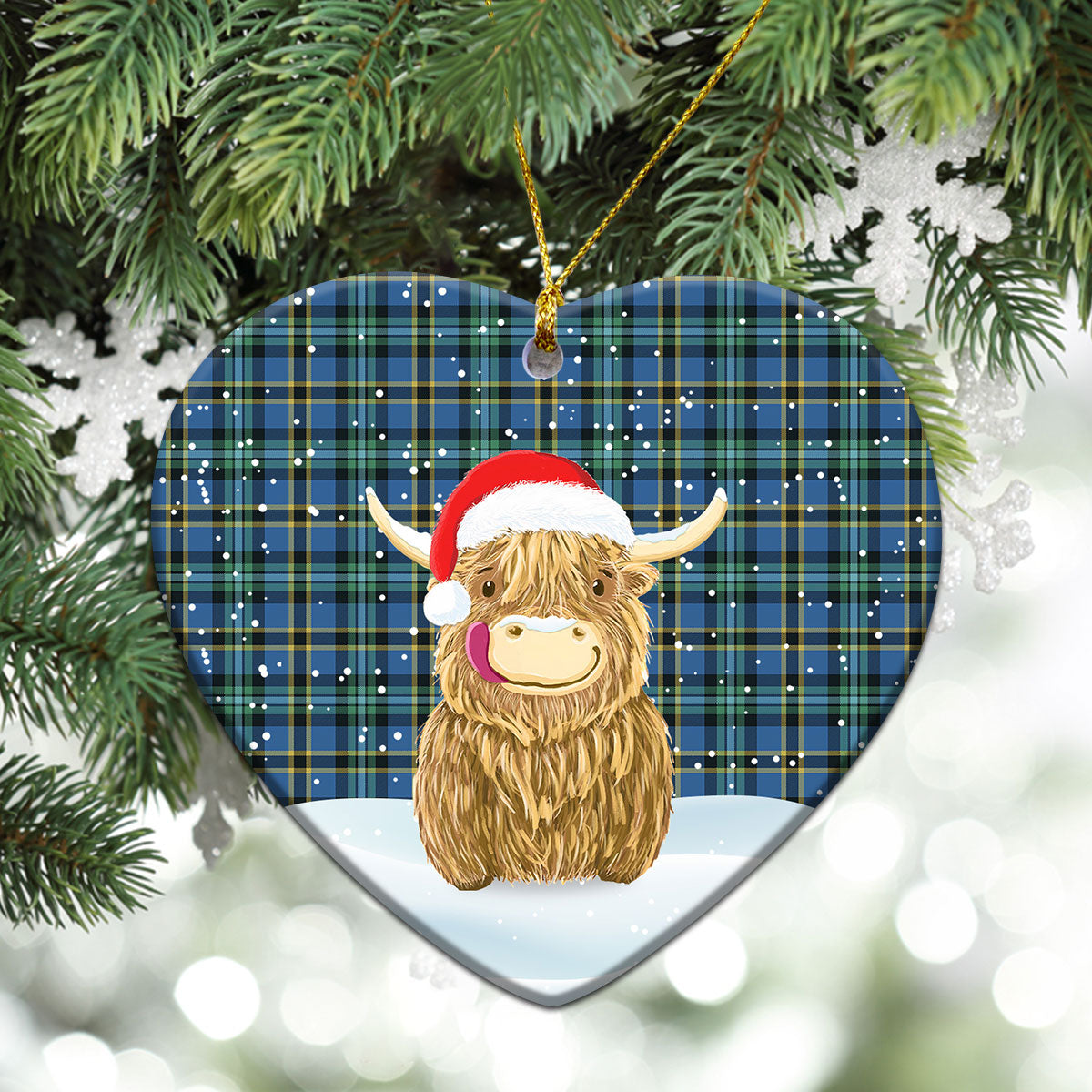 Weir Ancient Tartan Christmas Ceramic Ornament - Highland Cows Style