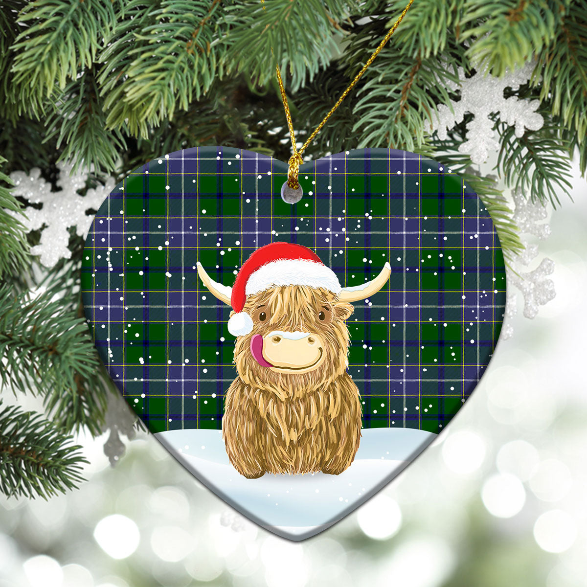 Wishart Hunting Tartan Christmas Ceramic Ornament - Highland Cows Style