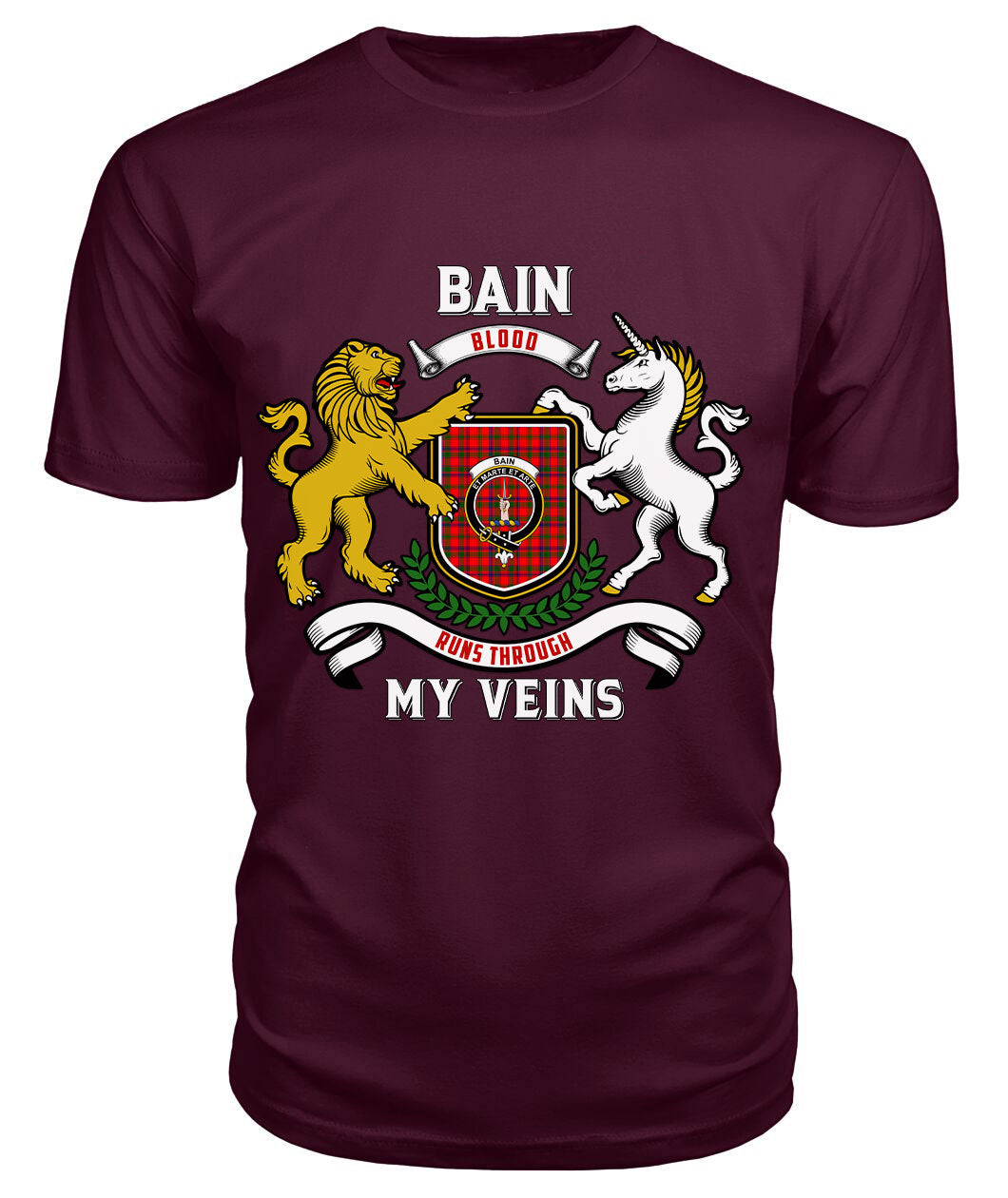 Bain Tartan Crest 2D T-shirt - Blood Runs Through My Veins Style