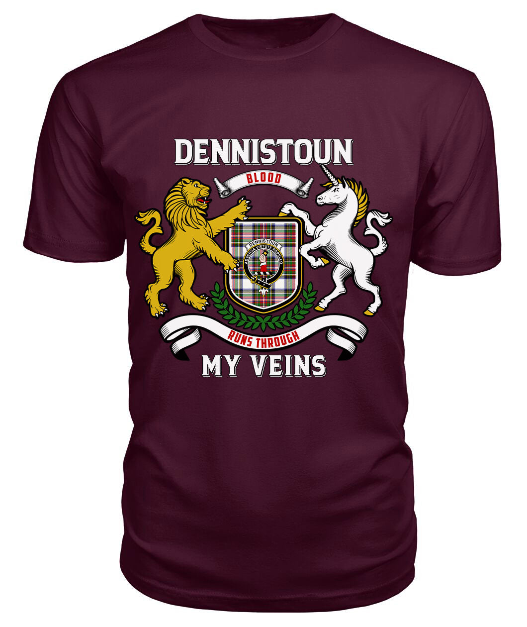 Dennistoun Tartan Crest 2D T-shirt - Blood Runs Through My Veins Style