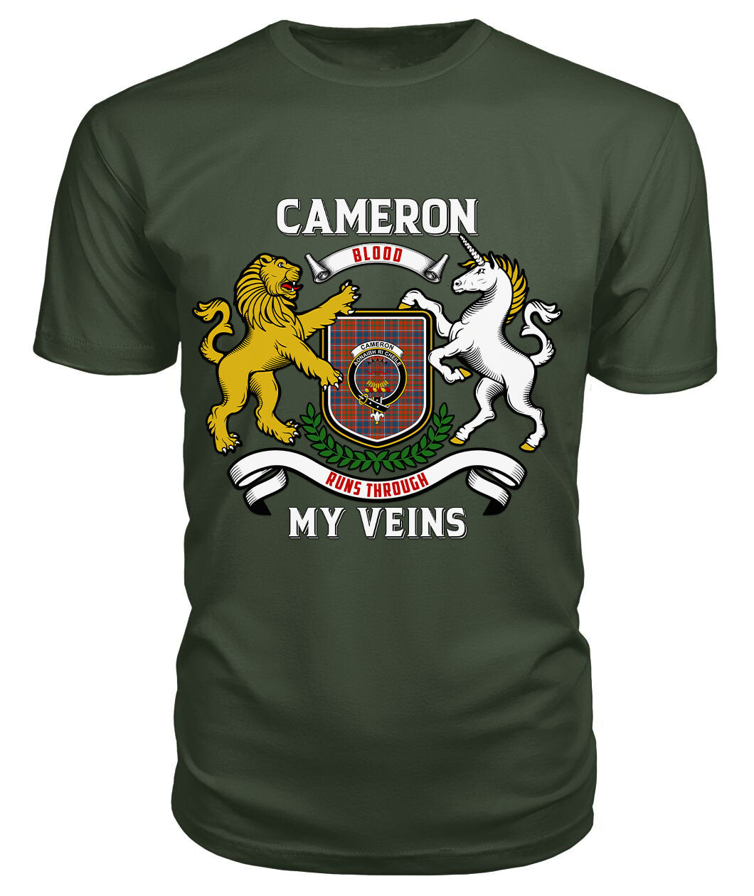 Cameron of Lochiel Ancient Tartan Crest 2D T-shirt - Blood Runs Through My Veins Style