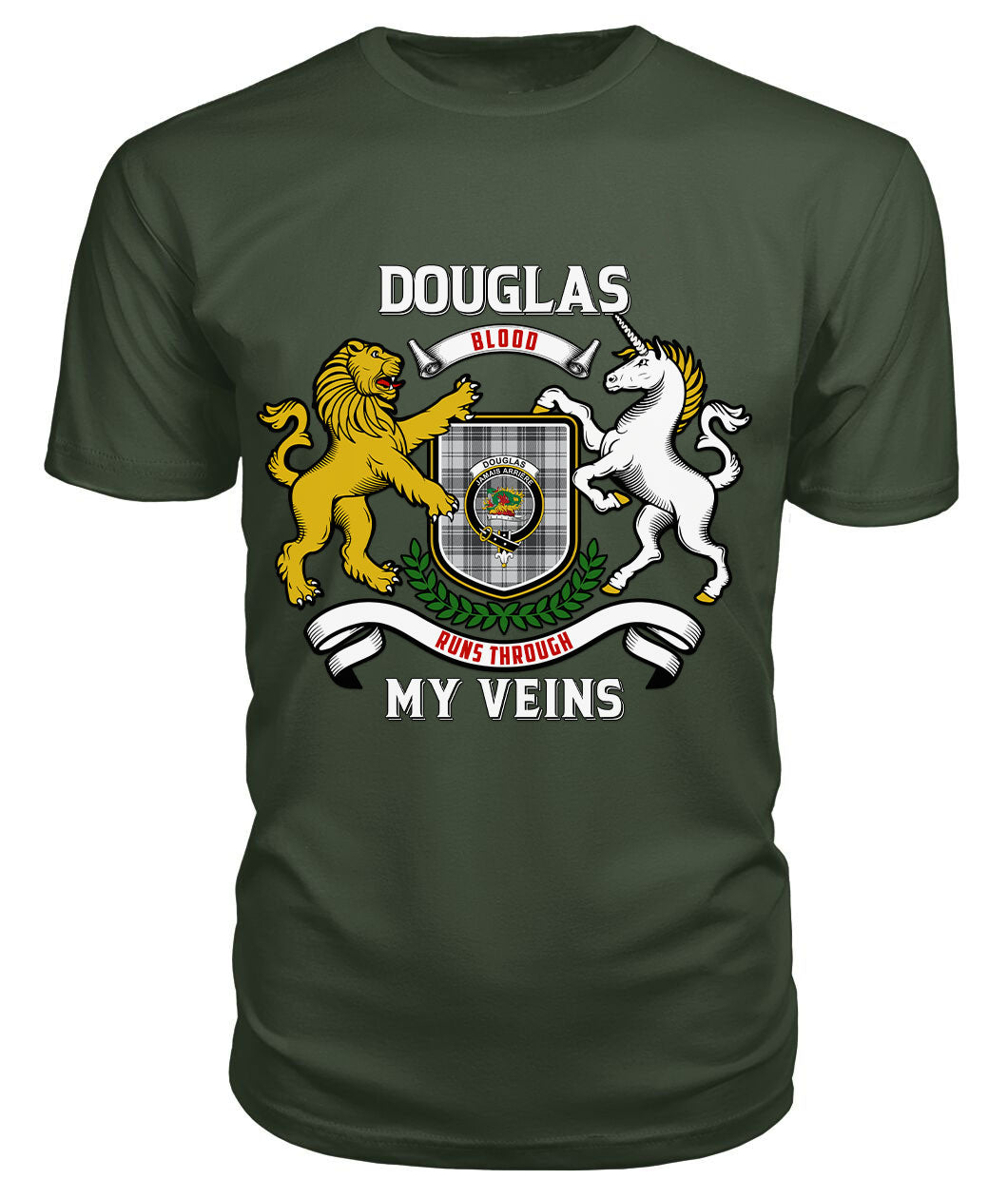 Douglas Grey Modern Tartan Crest 2D T-shirt - Blood Runs Through My Veins Style