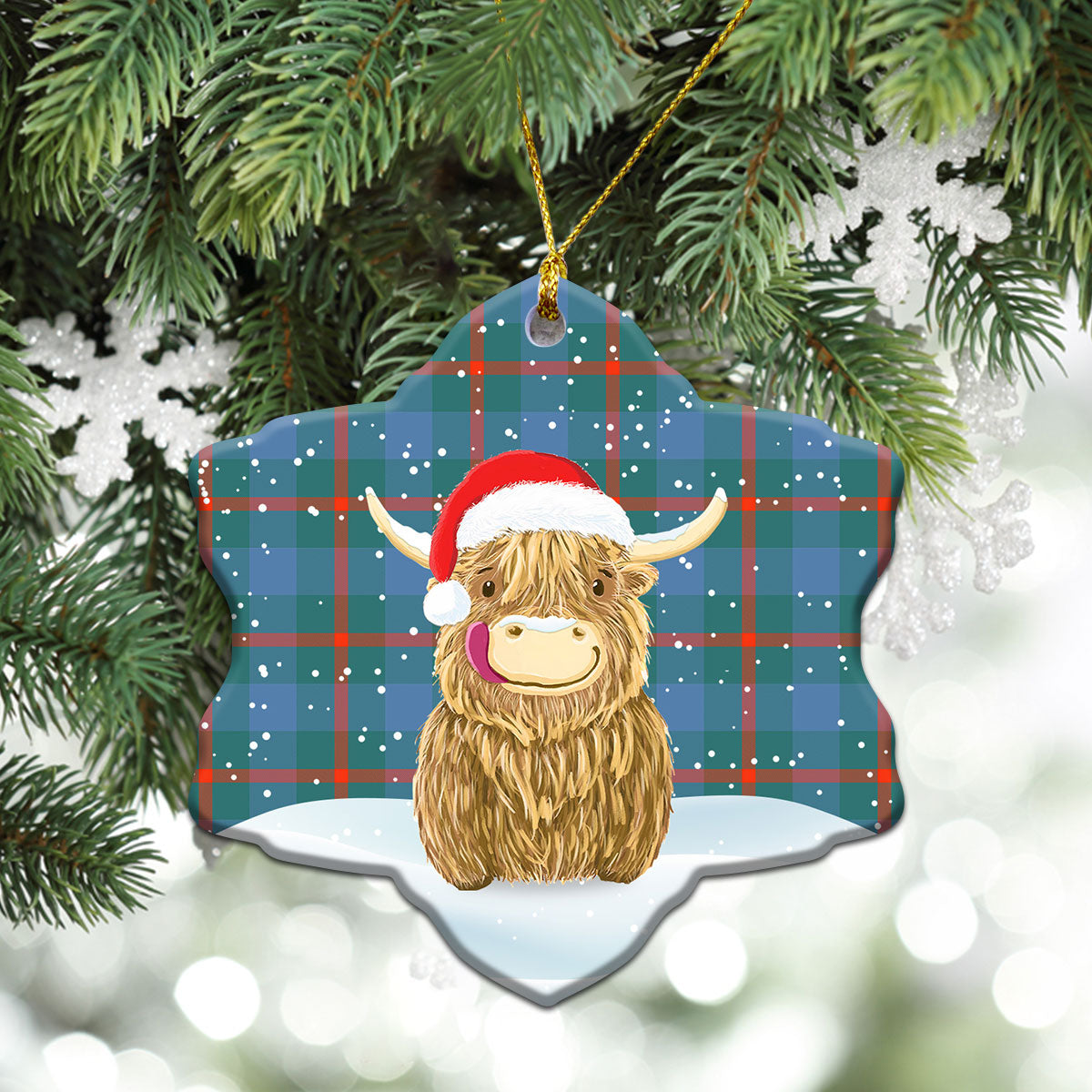 Agnew Ancient Tartan Christmas Ceramic Ornament - Highland Cows Style