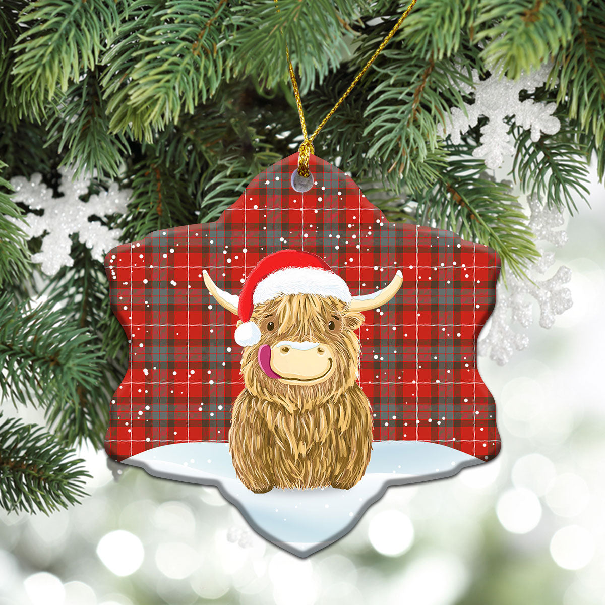 Fraser (of Lovat) Weathered Tartan Christmas Ceramic Ornament - Highland Cows Style