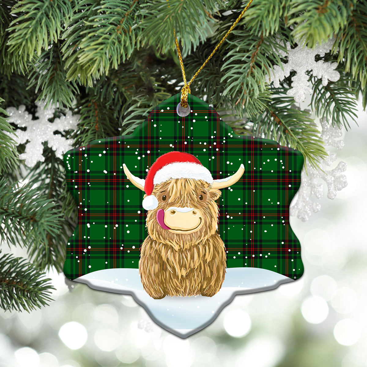 Halkett Tartan Christmas Ceramic Ornament - Highland Cows Style