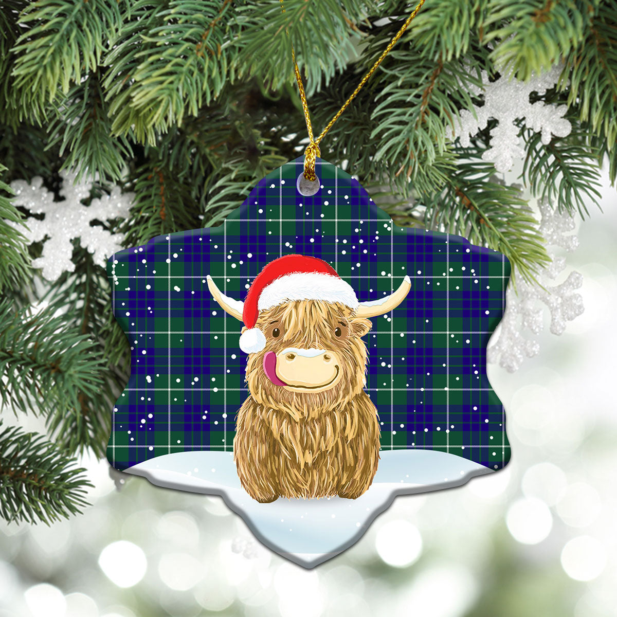 Hamilton Hunting Modern Tartan Christmas Ceramic Ornament - Highland Cows Style