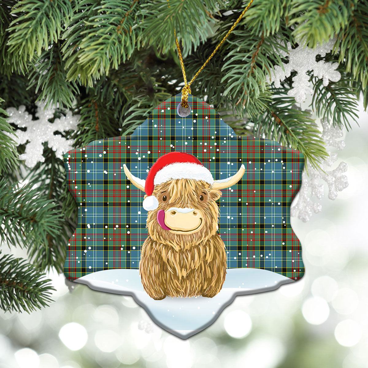 Paisley District Tartan Christmas Ceramic Ornament - Highland Cows Style