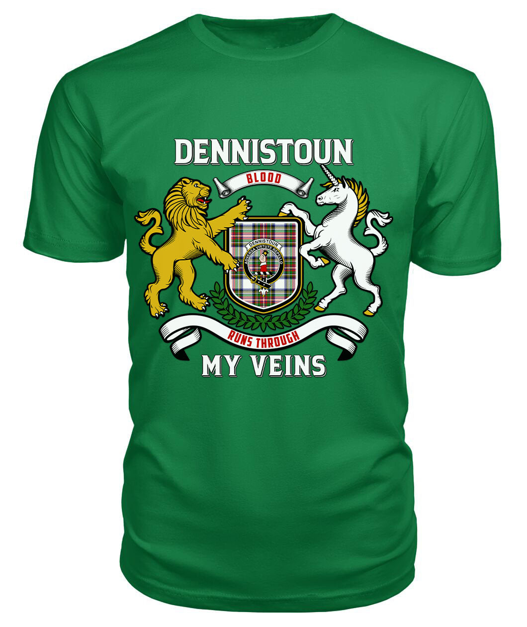 Dennistoun Tartan Crest 2D T-shirt - Blood Runs Through My Veins Style