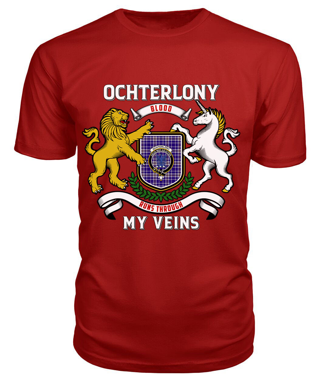 Ochterlony Tartan Crest 2D T-shirt - Blood Runs Through My Veins Style