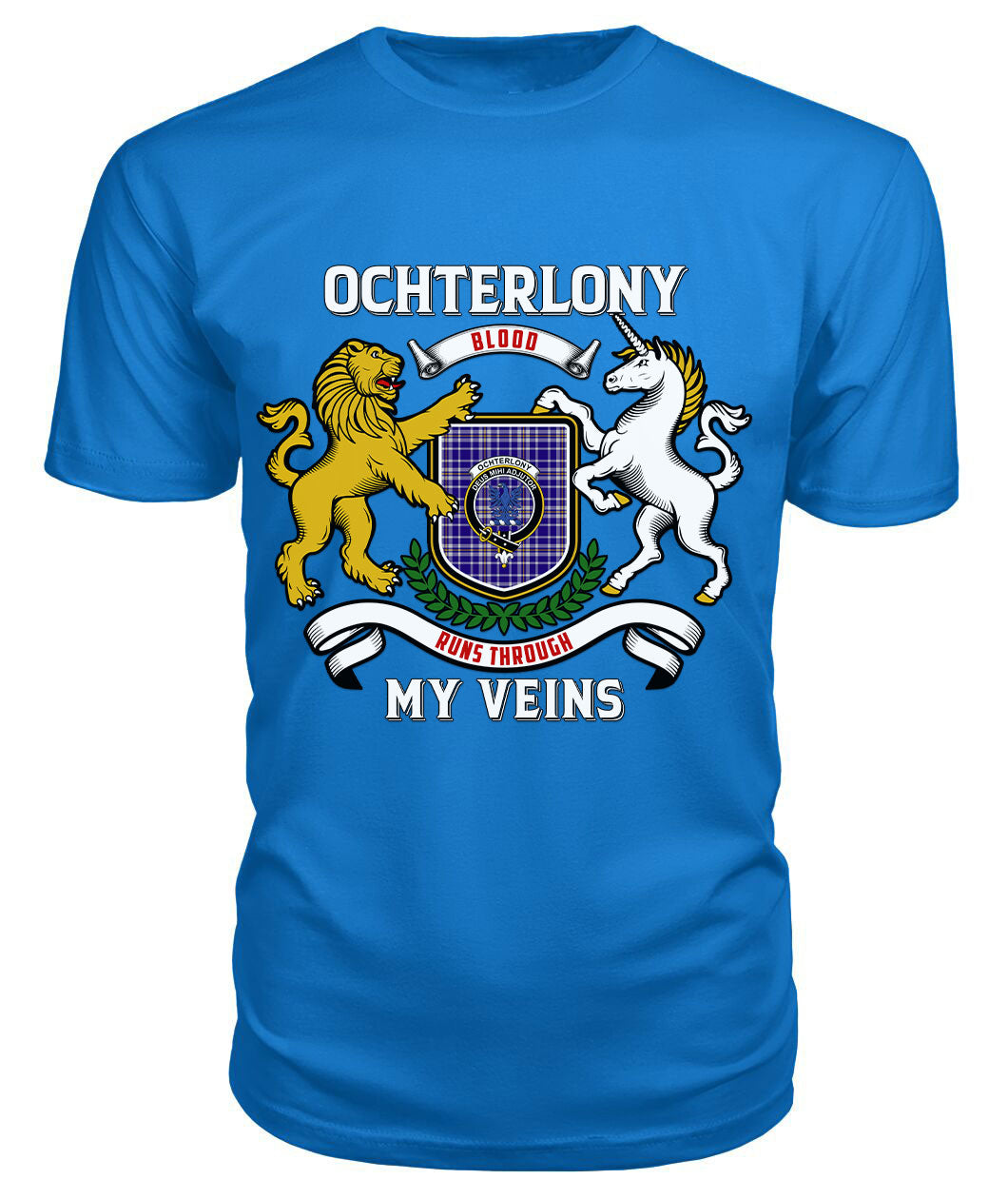 Ochterlony Tartan Crest 2D T-shirt - Blood Runs Through My Veins Style