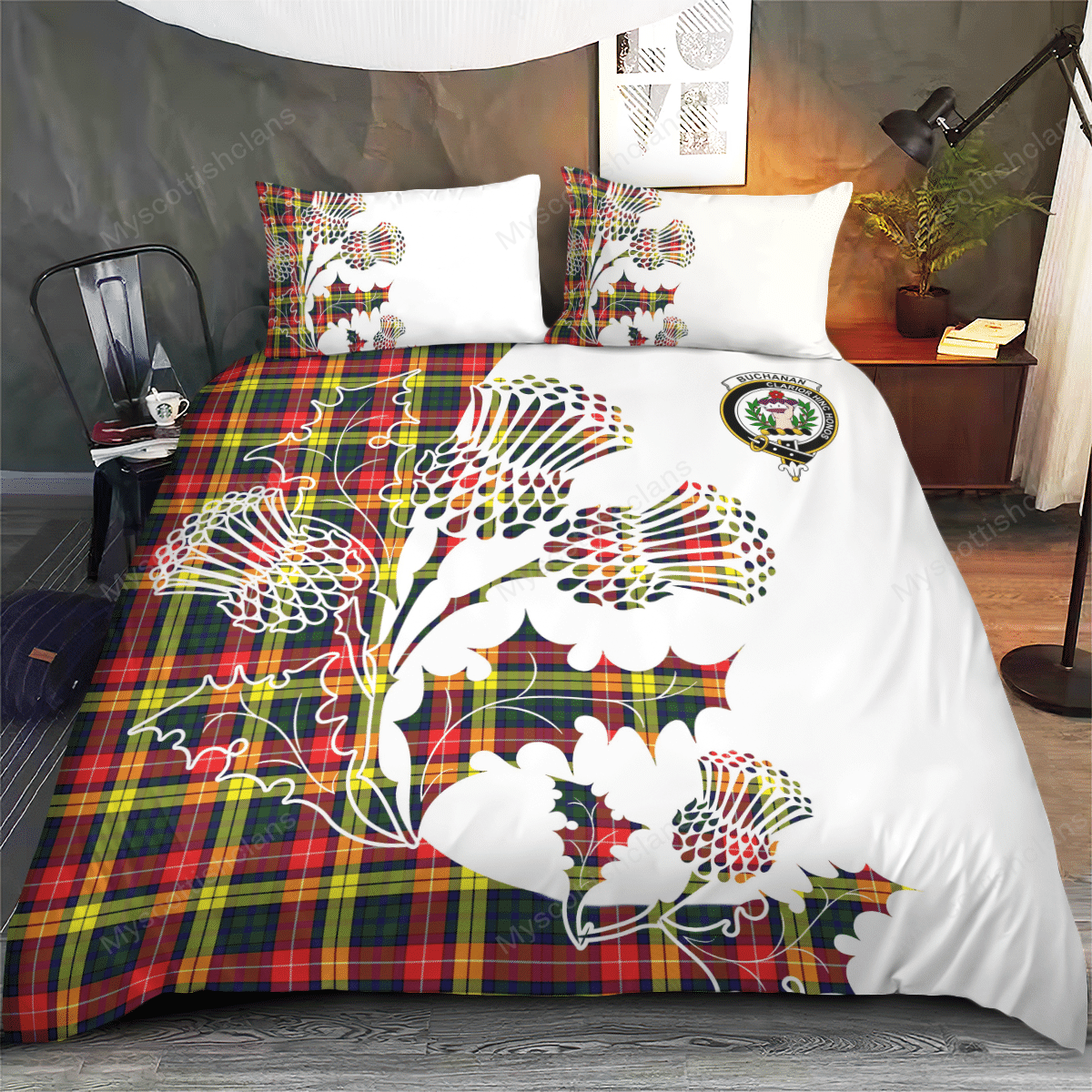 Buchanan Tartan Crest Bedding Set - Thistle Style